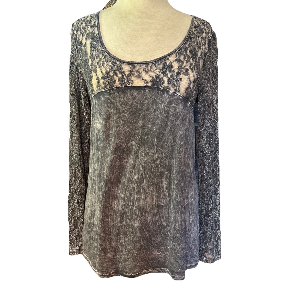 Nature Art Lynn Yang Top Lace Accent Gray Mineral Wash Size Large USA MADE